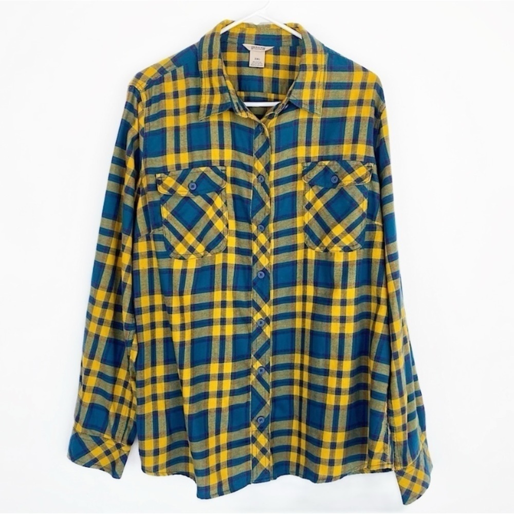 Duluth Trading Co Yellow and Blue Plaid Button-Down Shirt